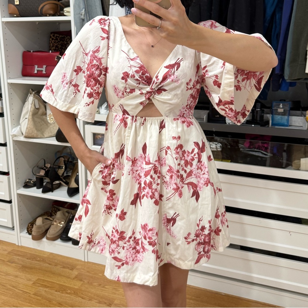 Abercrombie & Fitch Pink and Cream Wrap Sundress with Bell Sleeves